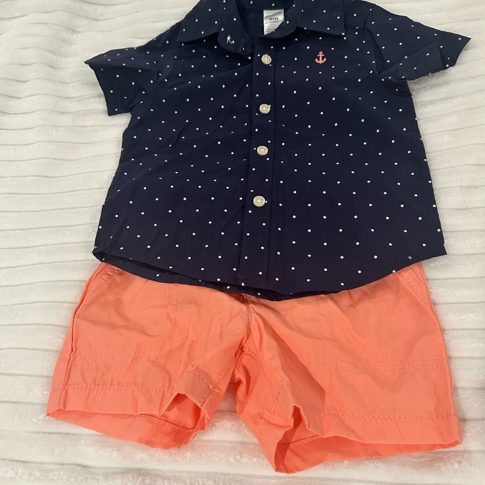 Carter’s Baby Boy Navy Polka Dot Shirt and Coral/Pink Shorts Set